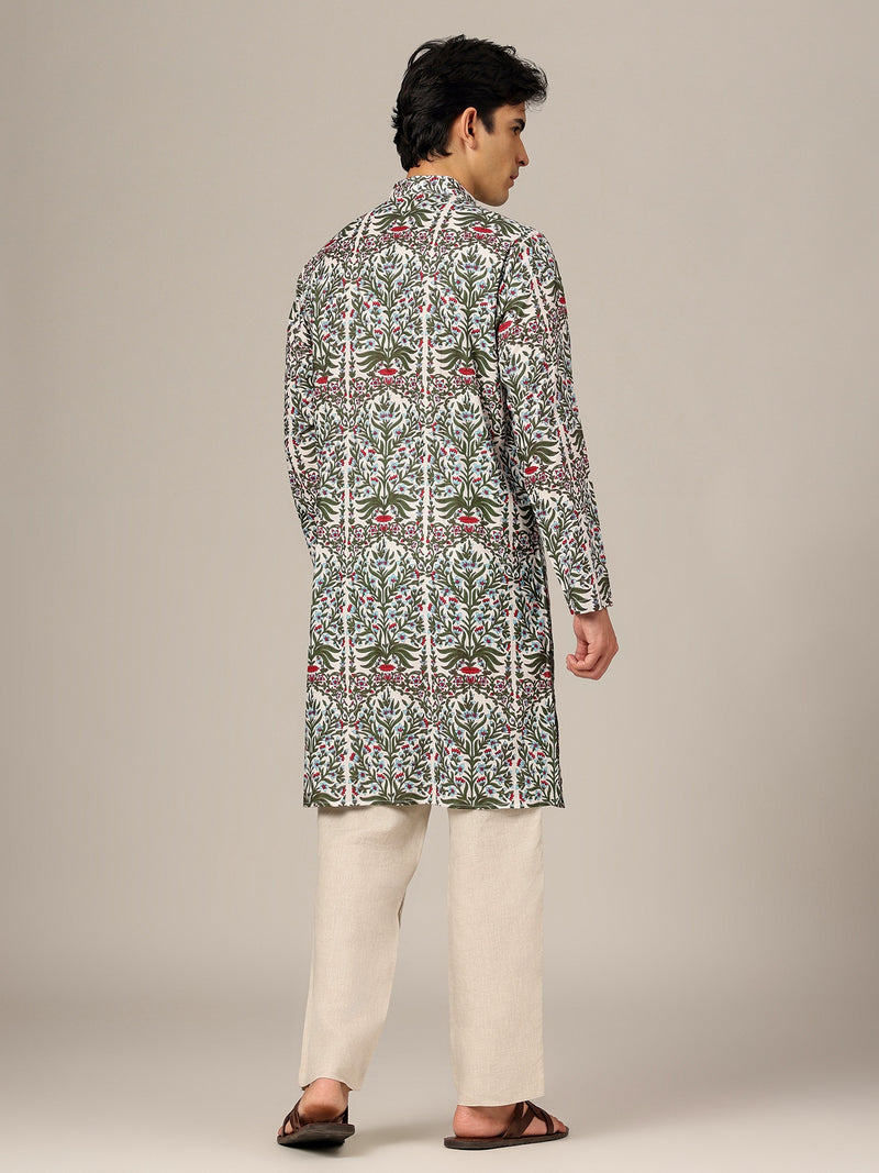 White & Green: Floral Printed Mandarin Collar Kurta