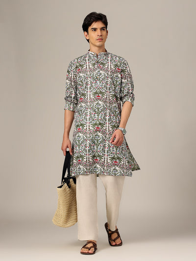 White & Green: Floral Printed Mandarin Collar Kurta