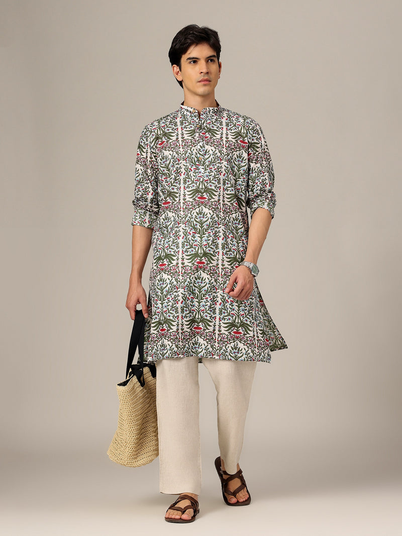 White & Green: Floral Printed Mandarin Collar Kurta