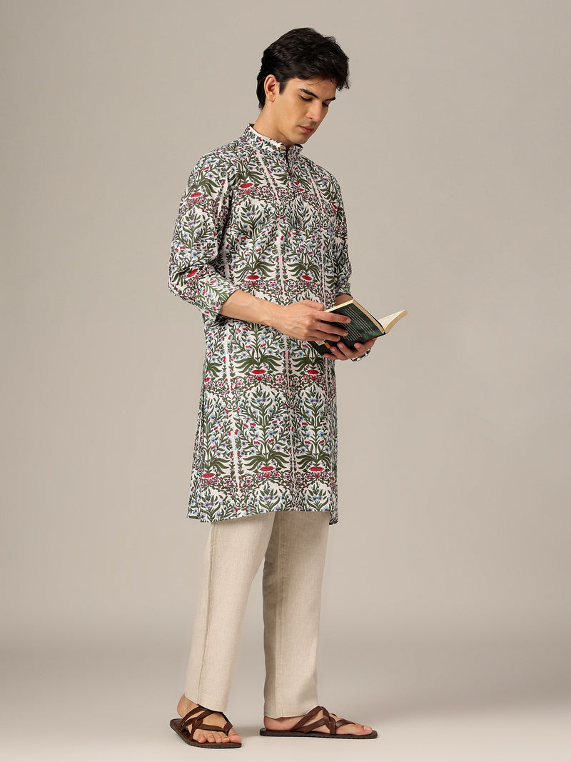 White & Green: Floral Printed Mandarin Collar Kurta