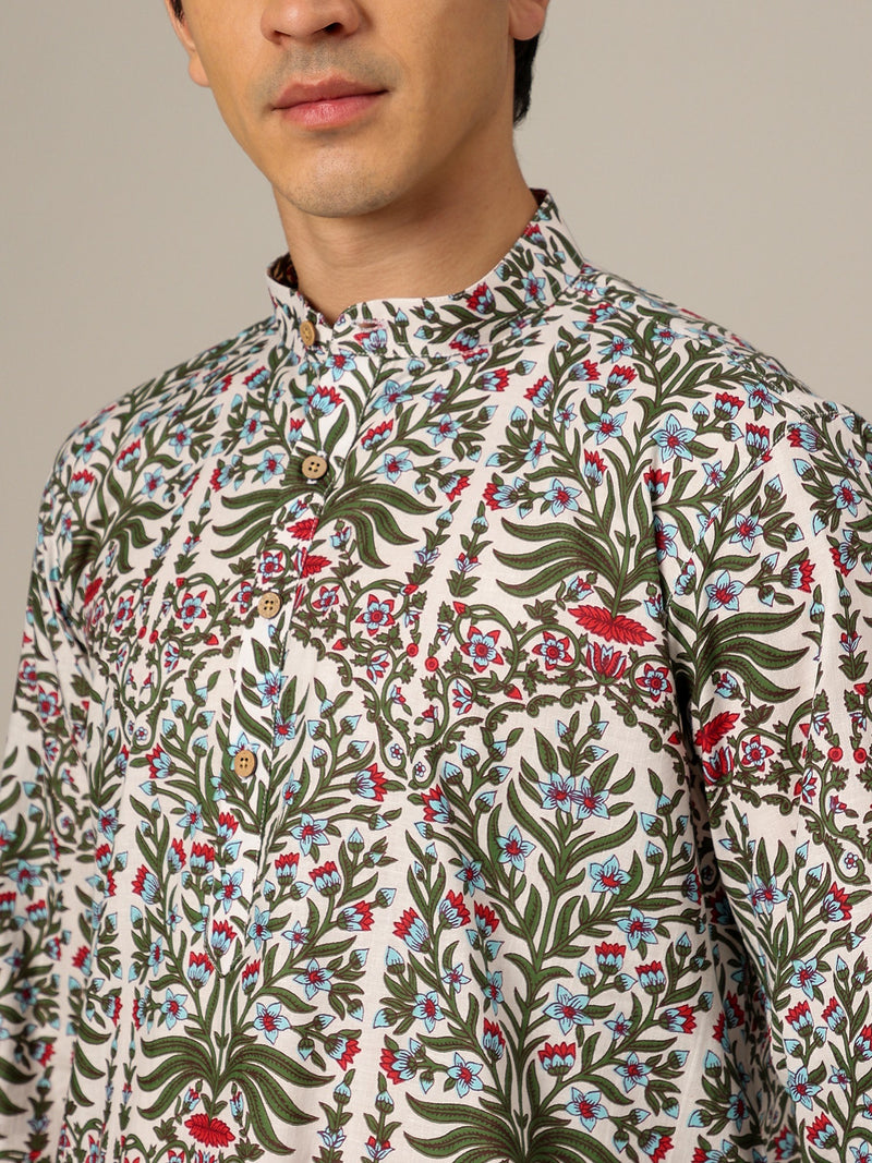 White & Green: Floral Printed Mandarin Collar Kurta
