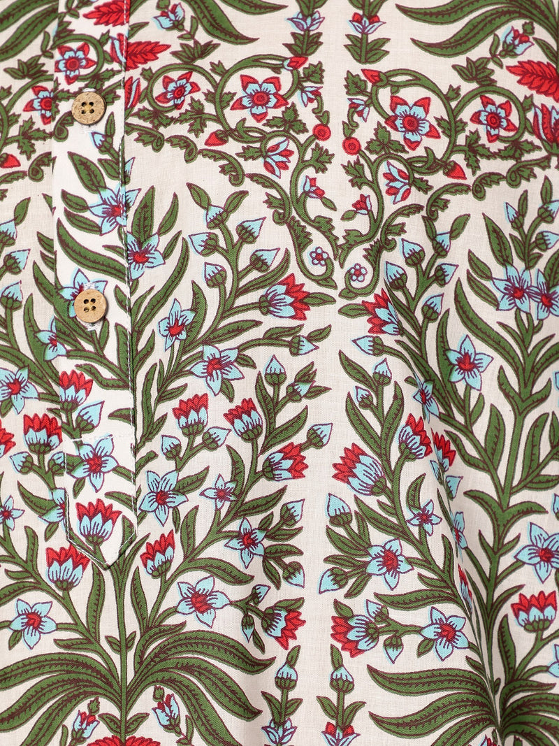 White & Green: Floral Printed Mandarin Collar Kurta