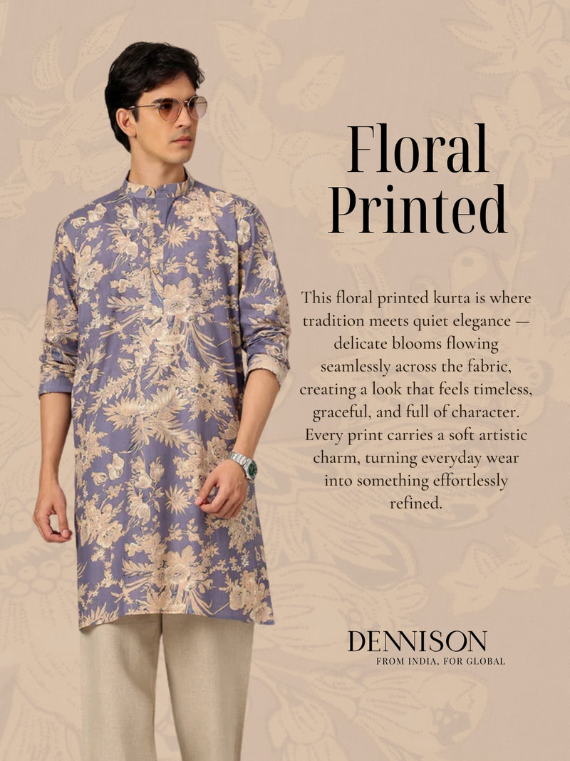 Blue & White: Floral Printed Mandarin Collar Kurta