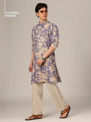Blue & White: Floral Printed Mandarin Collar Kurta