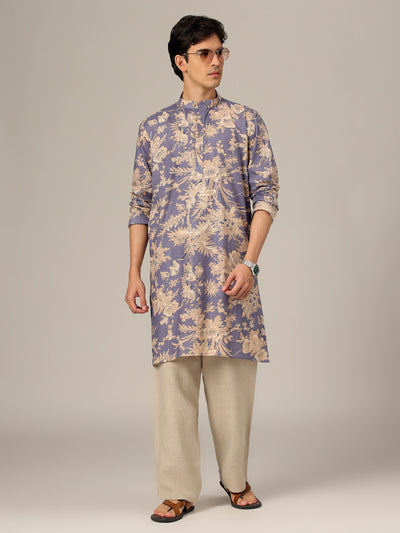 Blue & White: Floral Printed Mandarin Collar Kurta
