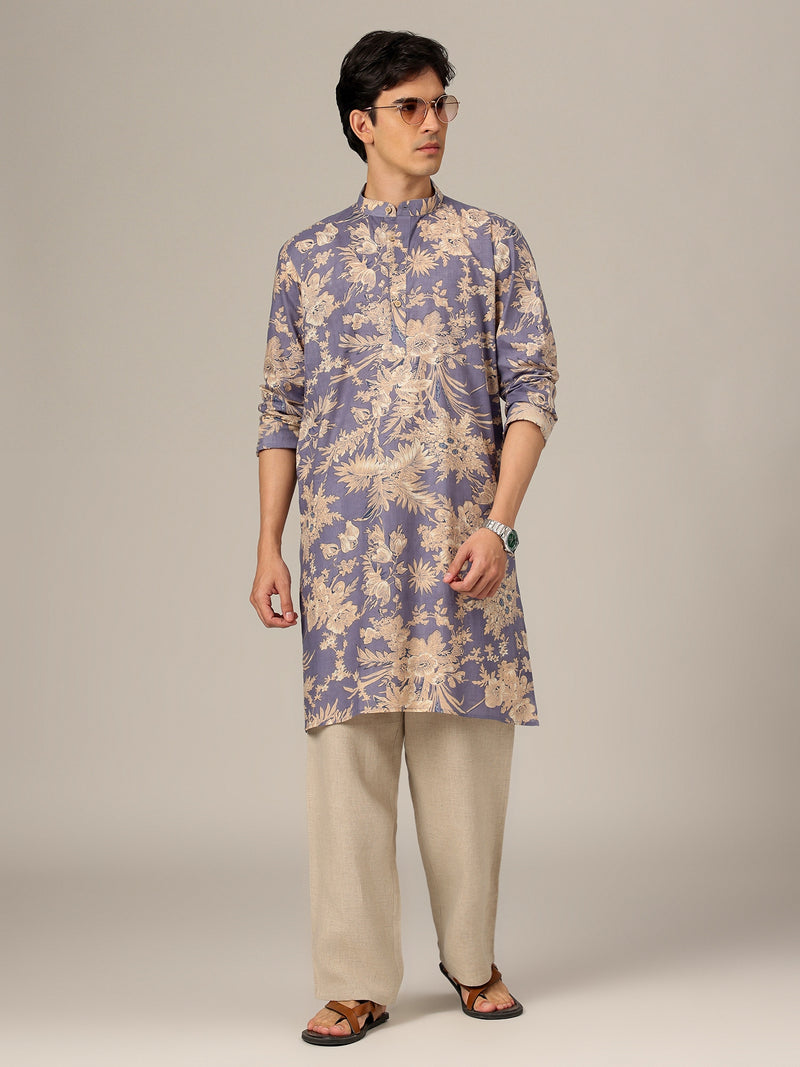 Blue & White: Floral Printed Mandarin Collar Kurta