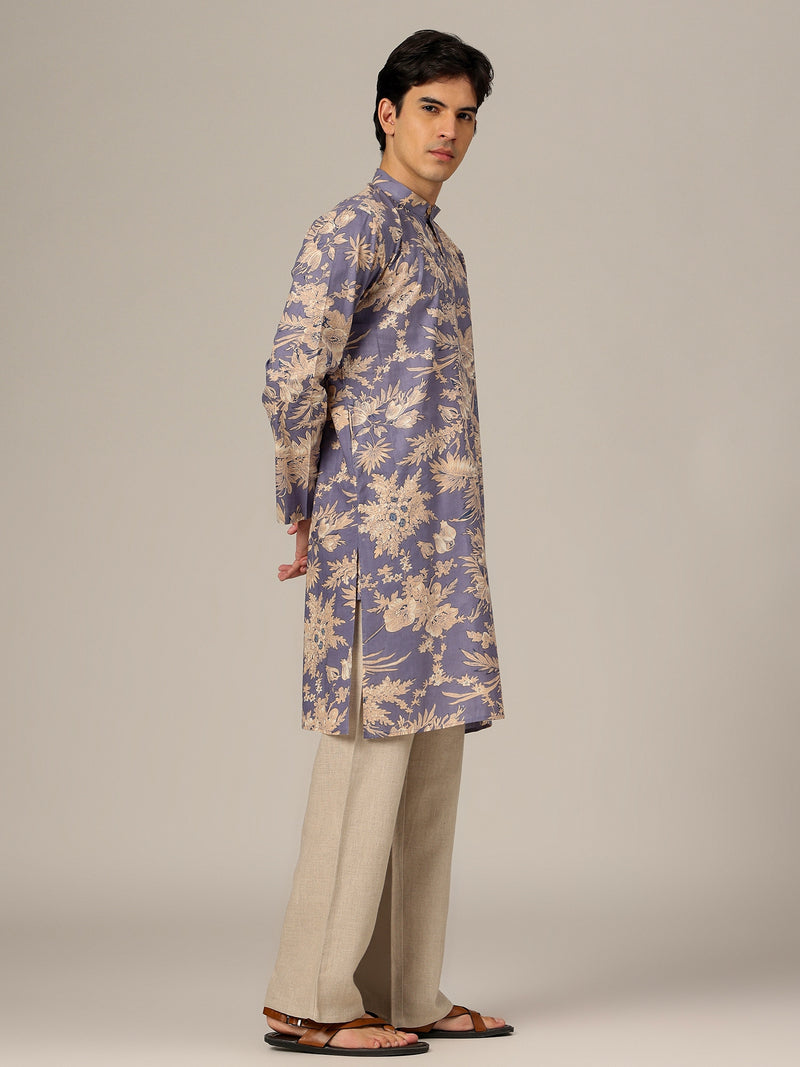 Blue & White: Floral Printed Mandarin Collar Kurta