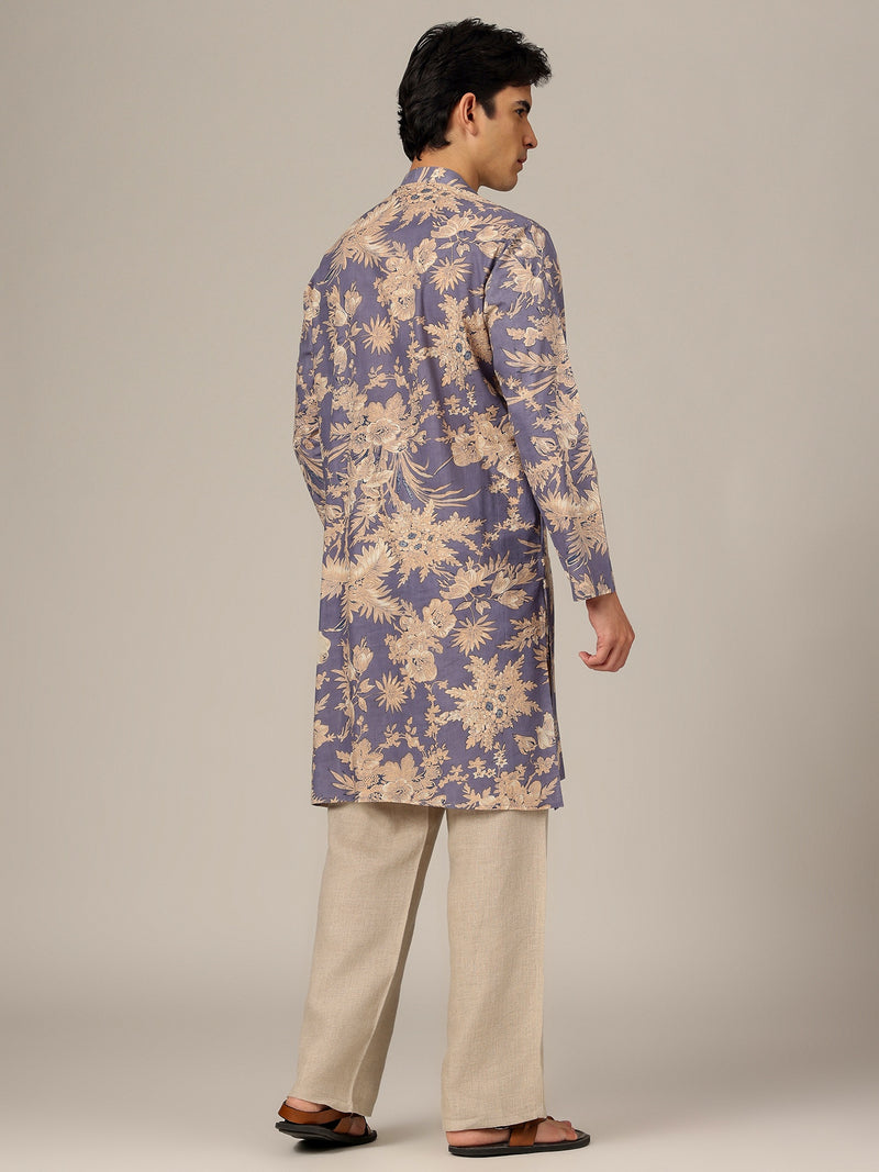 Blue & White: Floral Printed Mandarin Collar Kurta