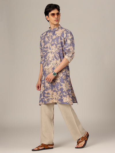 Blue & White: Floral Printed Mandarin Collar Kurta