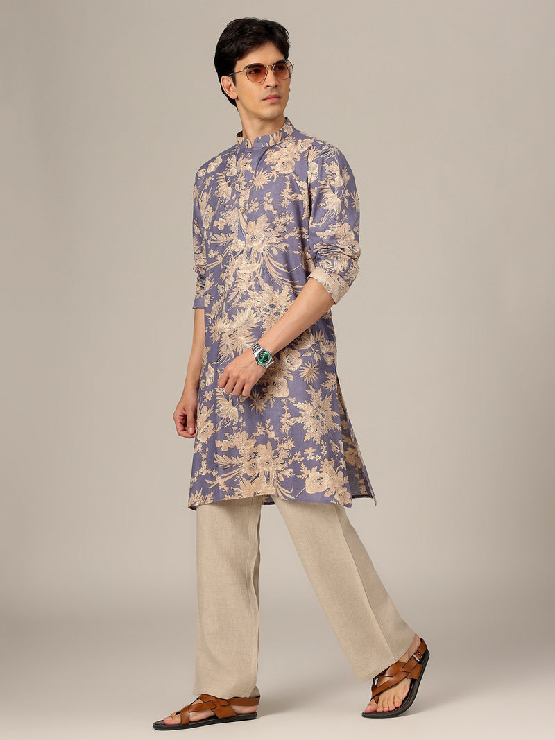 Blue & White: Floral Printed Mandarin Collar Kurta