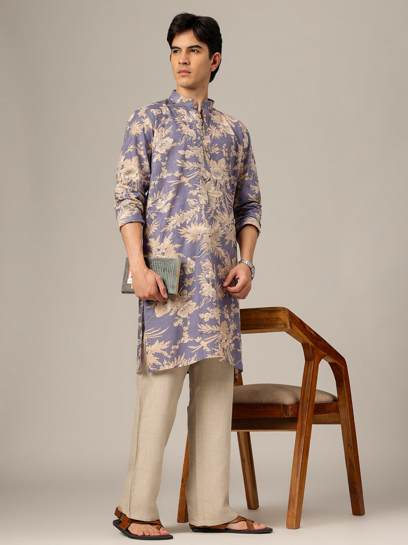 Blue & White: Floral Printed Mandarin Collar Kurta