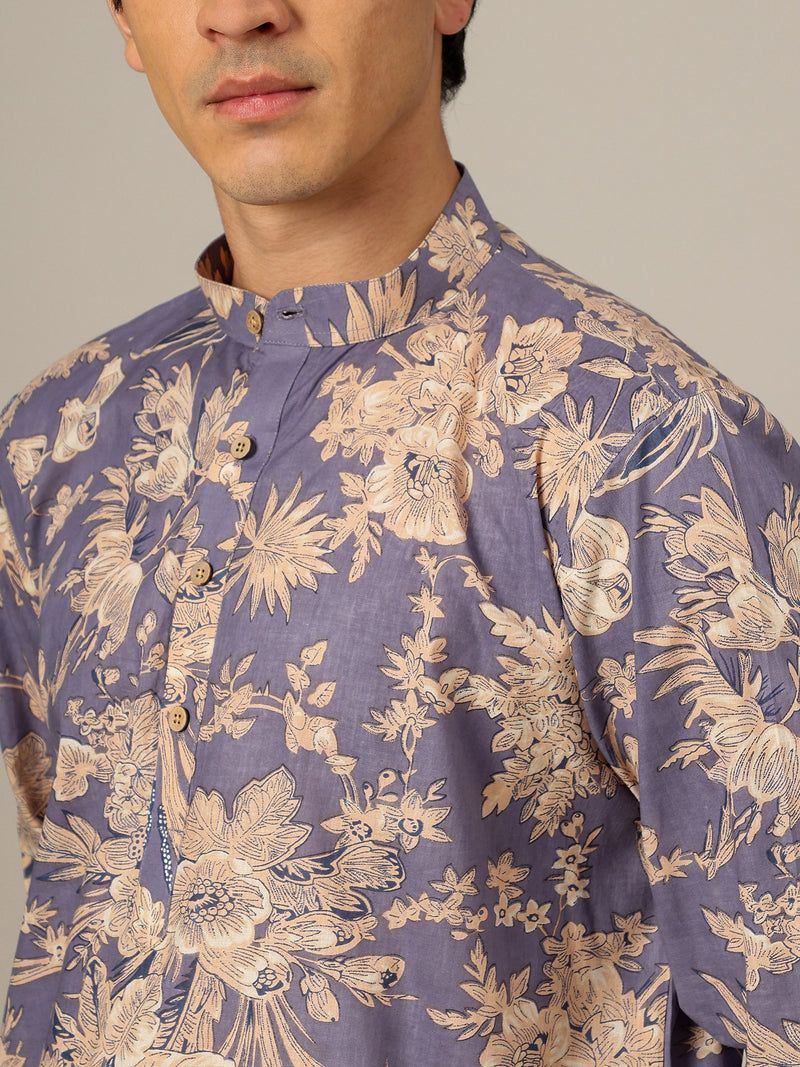 Blue & White: Floral Printed Mandarin Collar Kurta