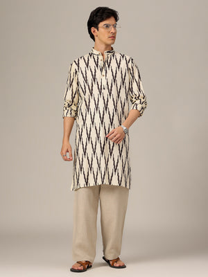 Cream & Black: Geometric Printed Mandarin Collar Kurta