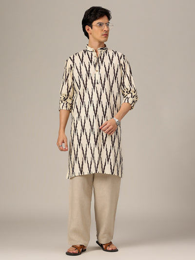 Cream & Black: Geometric Printed Mandarin Collar Kurta
