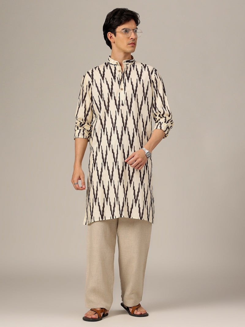 Cream & Black: Geometric Printed Mandarin Collar Kurta