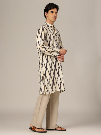 Cream & Black: Geometric Printed Mandarin Collar Kurta