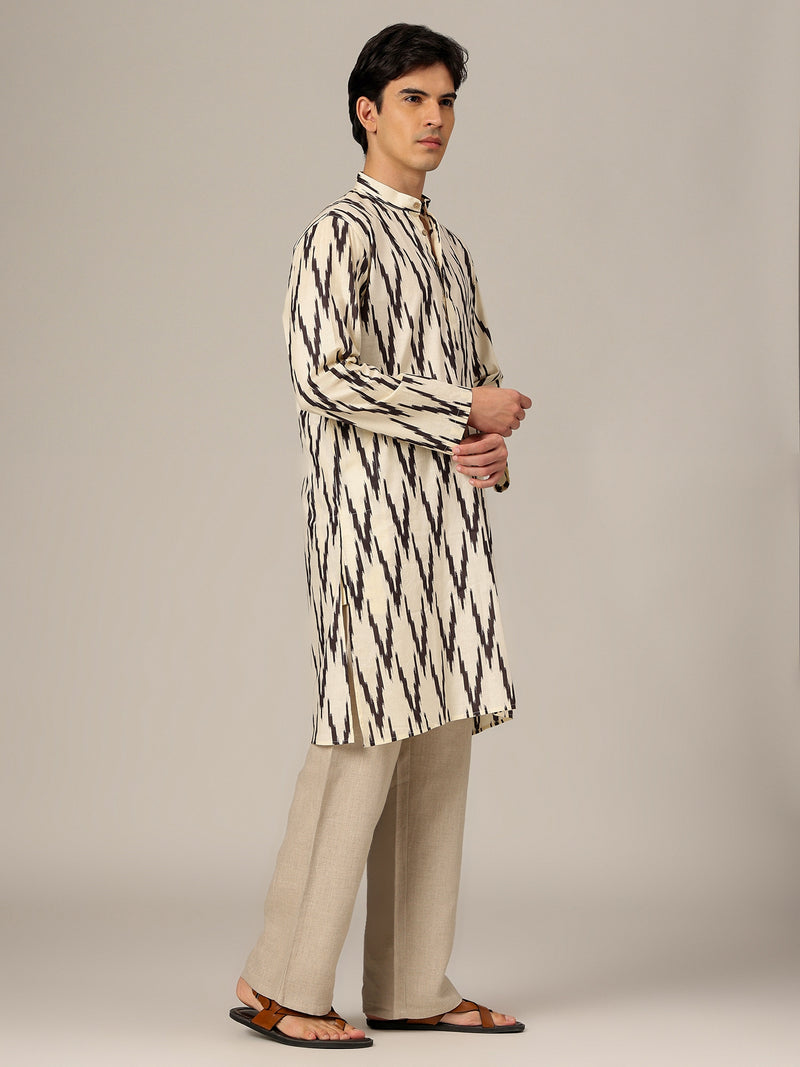 Cream & Black: Geometric Printed Mandarin Collar Kurta