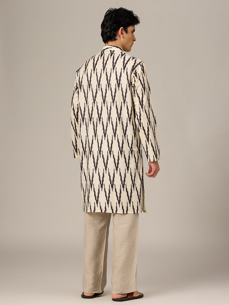 Cream & Black: Geometric Printed Mandarin Collar Kurta