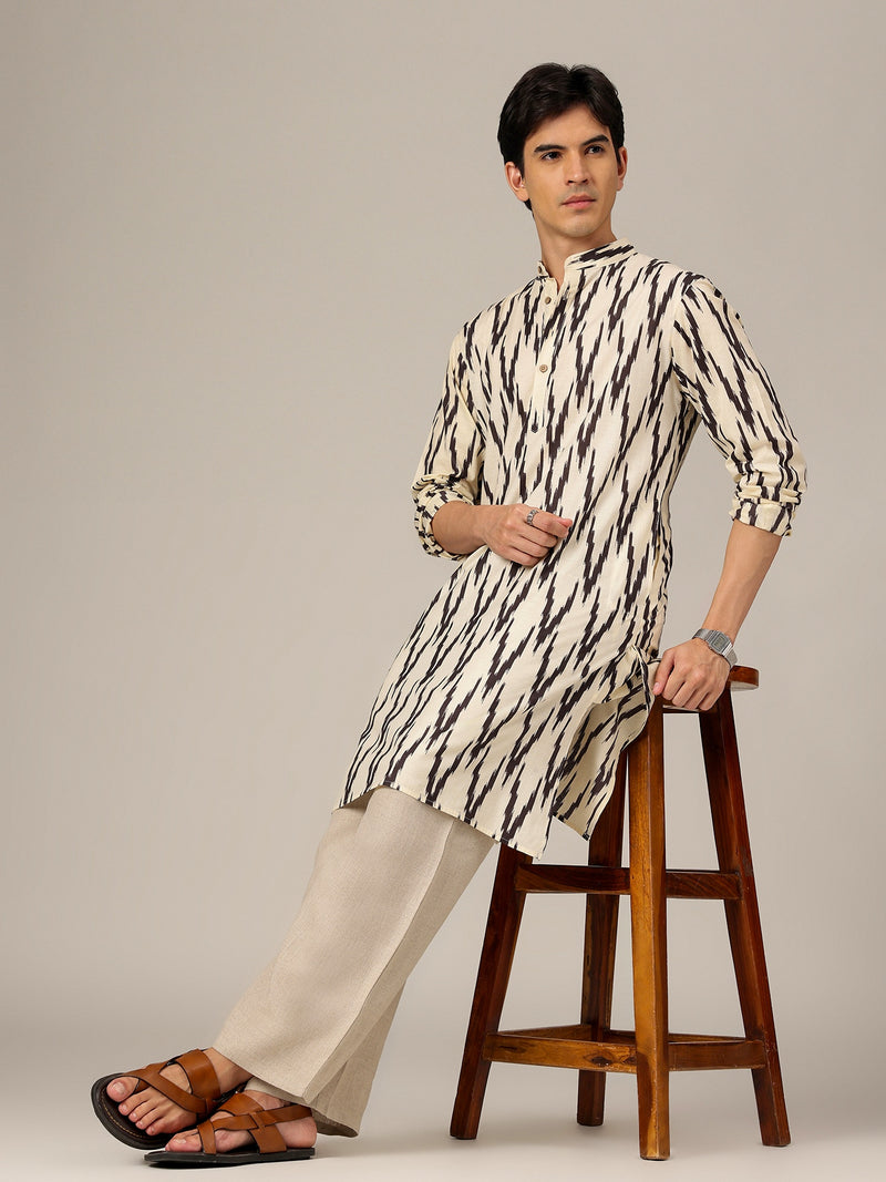 Cream & Black: Geometric Printed Mandarin Collar Kurta