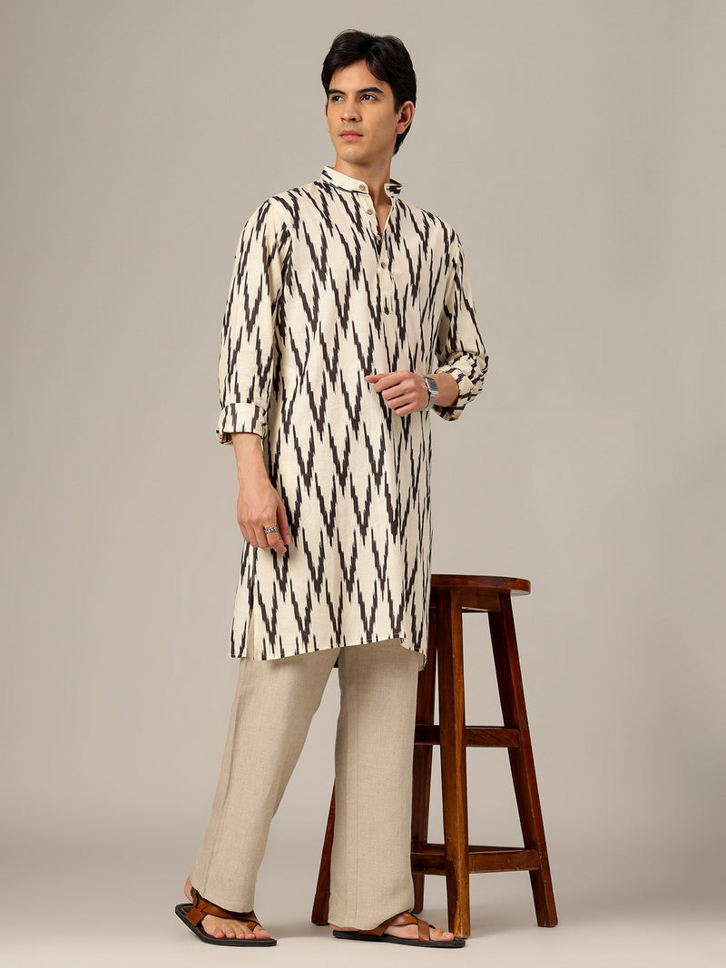 Cream & Black: Geometric Printed Mandarin Collar Kurta