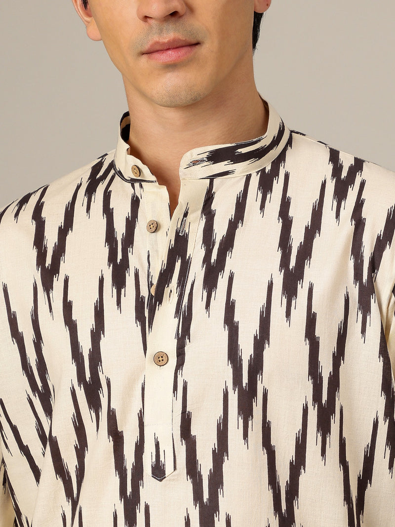 Cream & Black: Geometric Printed Mandarin Collar Kurta