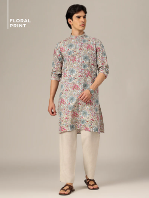 White: Floral Printed Mandarin Collar Kurta