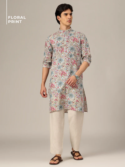 White: Floral Printed Mandarin Collar Kurta