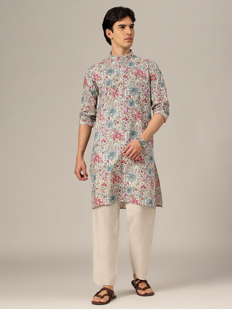 White: Floral Printed Mandarin Collar Kurta