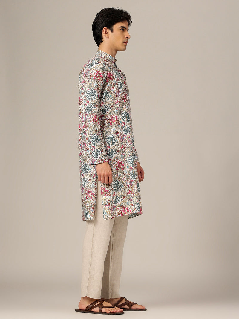 White: Floral Printed Mandarin Collar Kurta