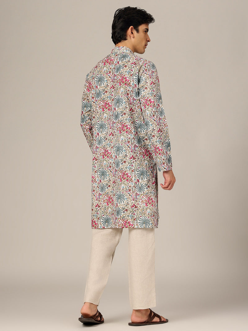 White: Floral Printed Mandarin Collar Kurta