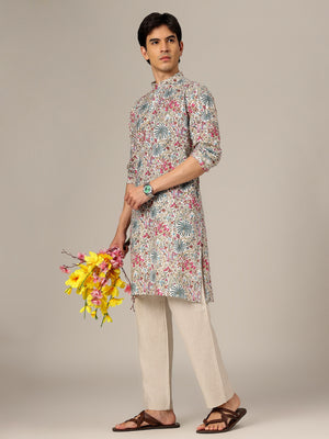 White: Floral Printed Mandarin Collar Kurta