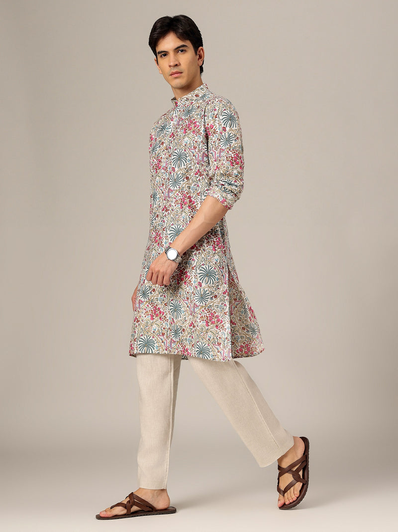 White: Floral Printed Mandarin Collar Kurta