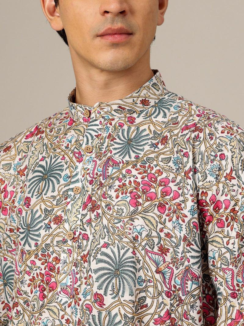 White: Floral Printed Mandarin Collar Kurta