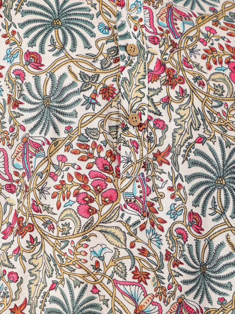 White: Floral Printed Mandarin Collar Kurta