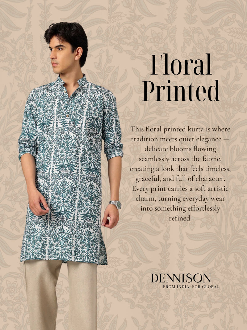 White & Blue: Floral Printed Mandarin Collar Kurta
