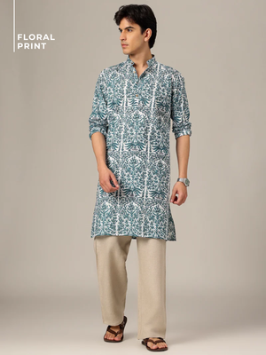 White & Blue: Floral Printed Mandarin Collar Kurta