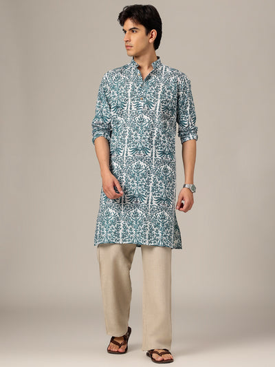 White & Blue: Floral Printed Mandarin Collar Kurta
