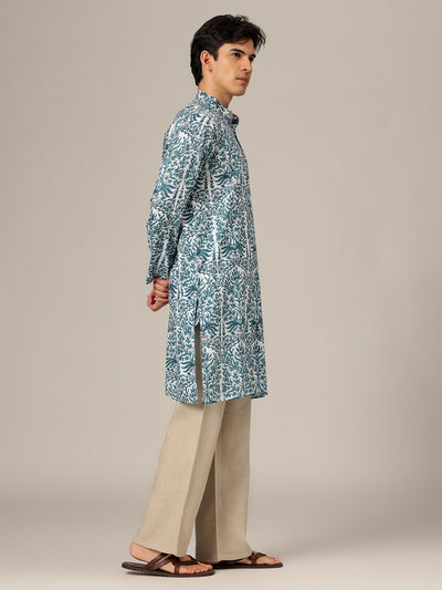 White & Blue: Floral Printed Mandarin Collar Kurta