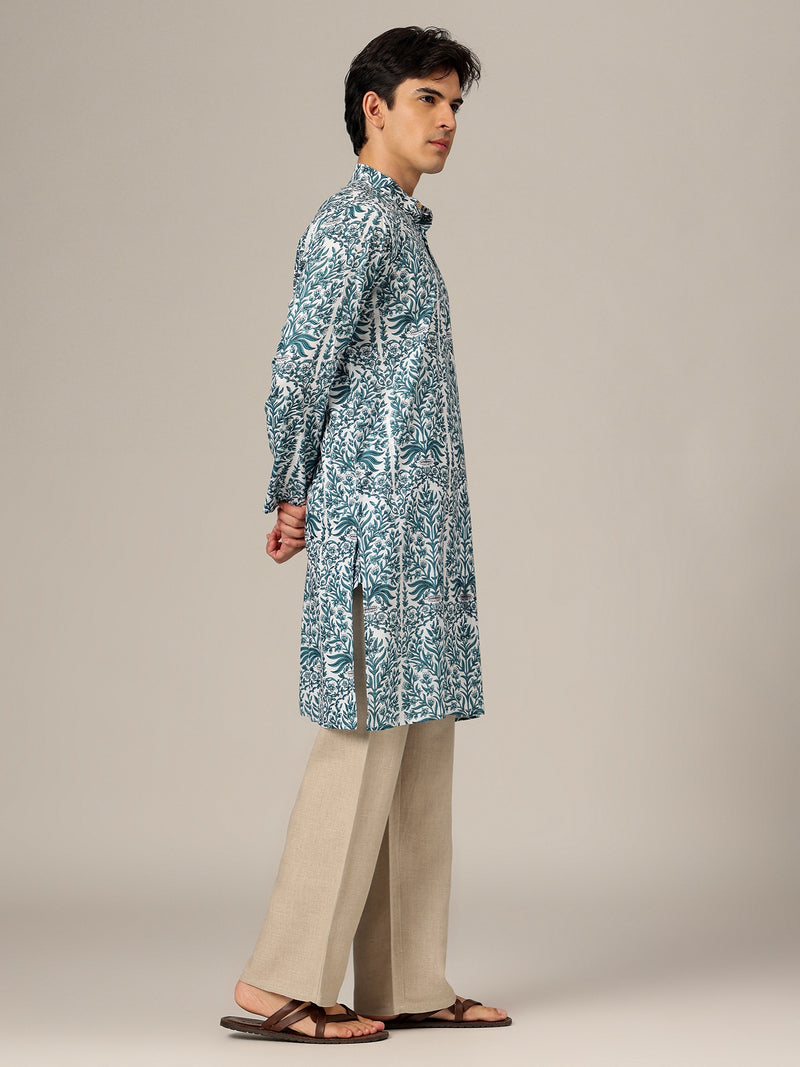 White & Blue: Floral Printed Mandarin Collar Kurta