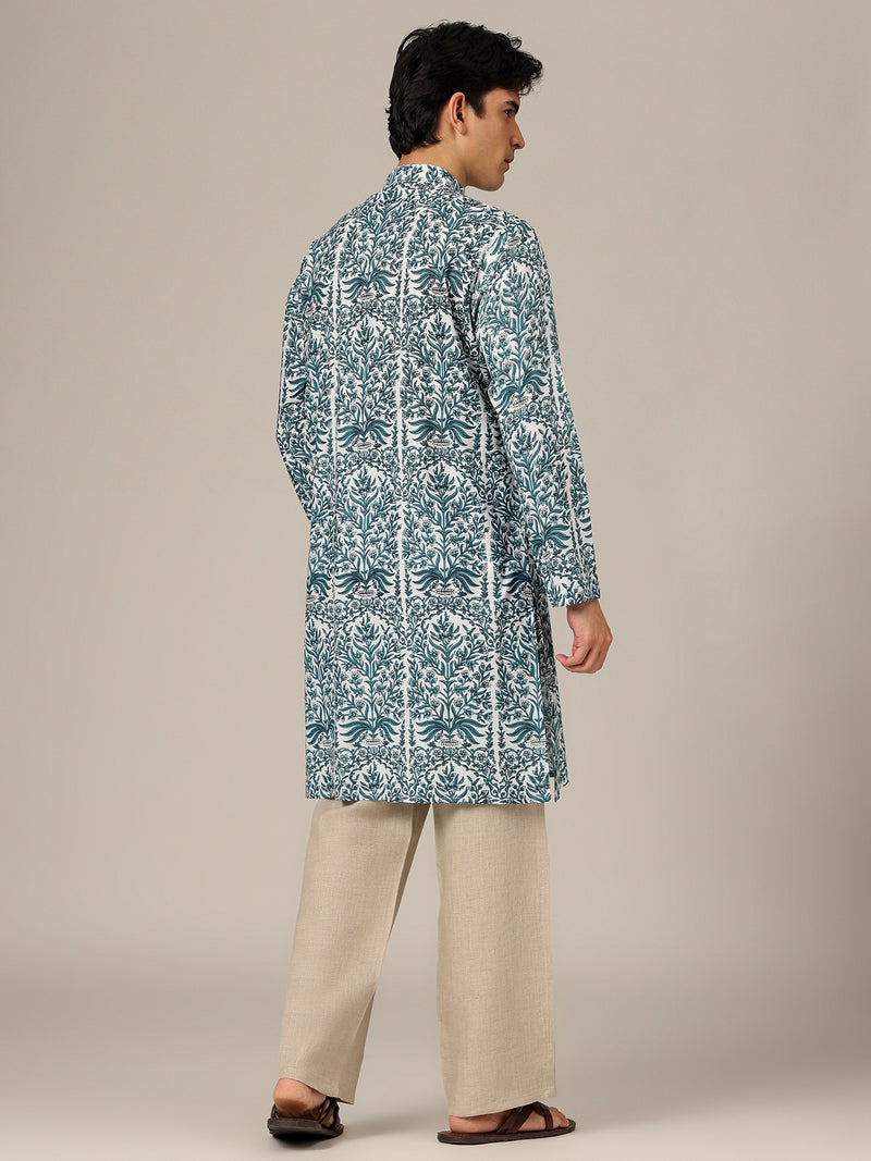 White & Blue: Floral Printed Mandarin Collar Kurta