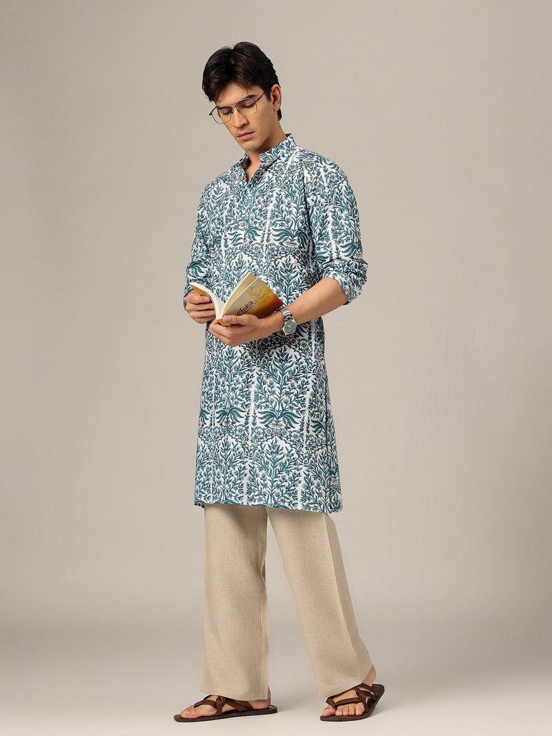White & Blue: Floral Printed Mandarin Collar Kurta
