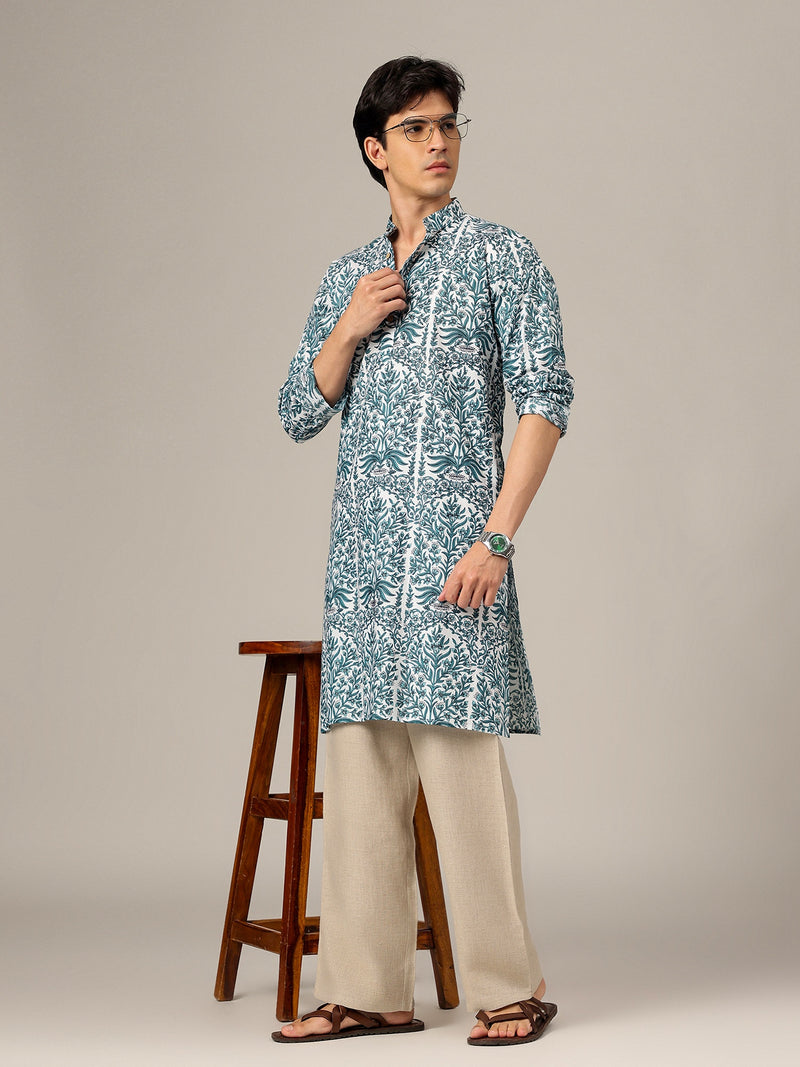 White & Blue: Floral Printed Mandarin Collar Kurta
