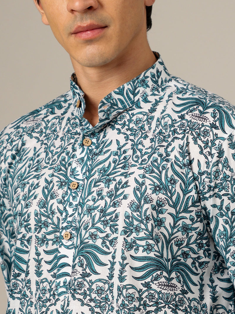 White & Blue: Floral Printed Mandarin Collar Kurta