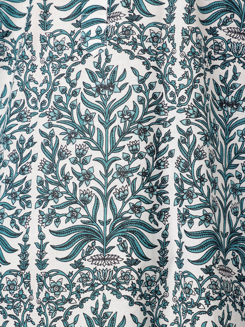 White & Blue: Floral Printed Mandarin Collar Kurta