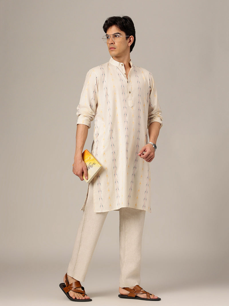 Off White: Ikat Printed Mandarin Collar Kurta