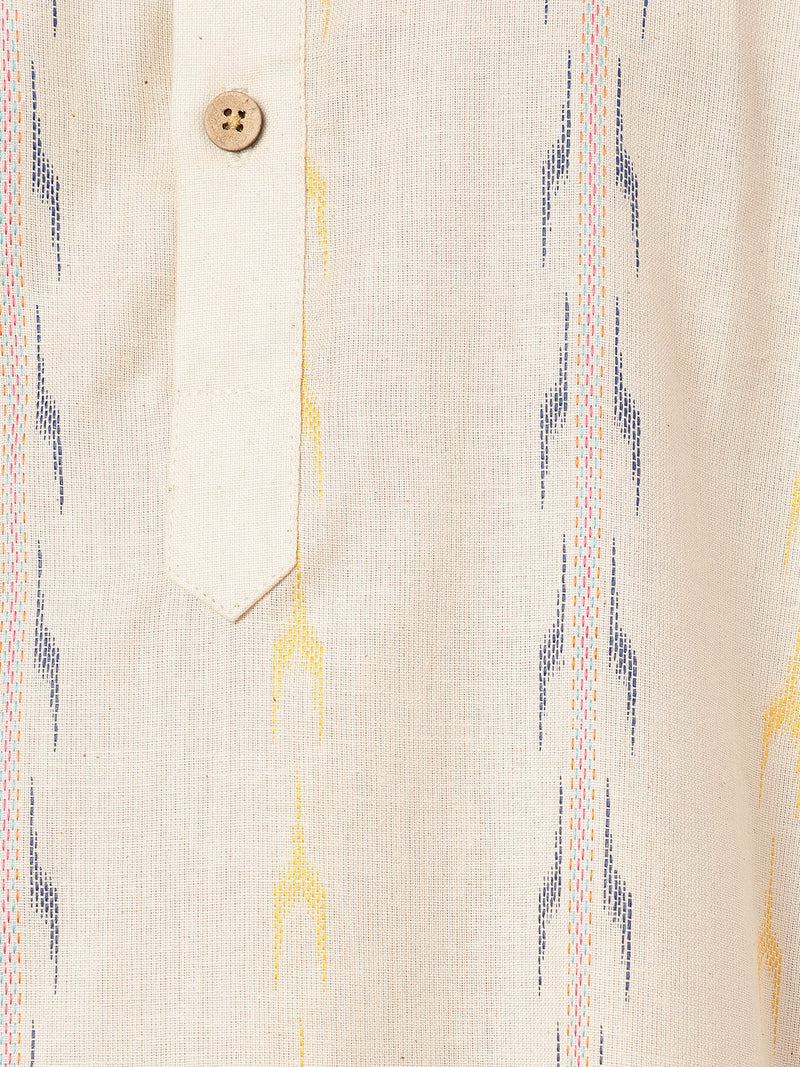 Off White: Ikat Printed Mandarin Collar Kurta