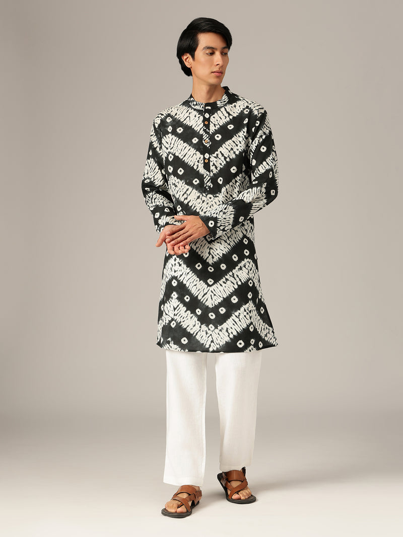 Black & White Bandhani Mandarin Collar Kurta