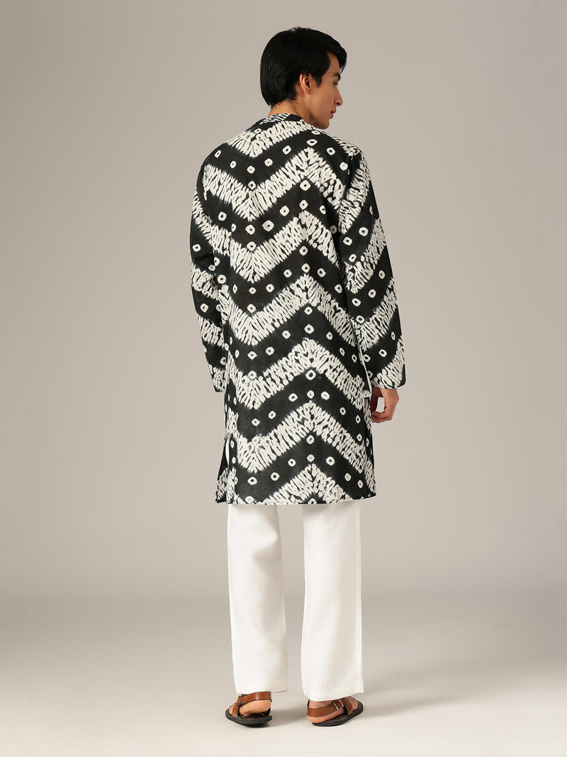 Black & White Bandhani Mandarin Collar Kurta