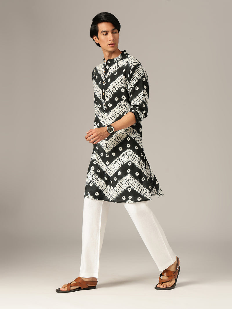 Black & White Bandhani Mandarin Collar Kurta