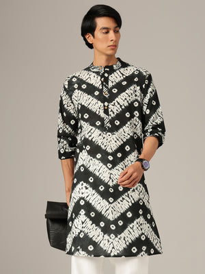 Black & White Bandhani Mandarin Collar Kurta